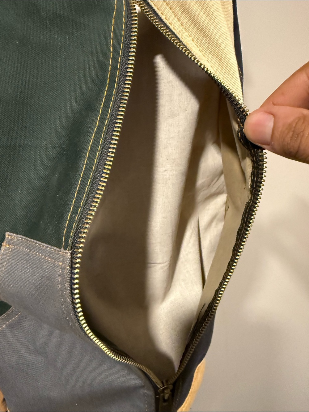 Carhartt inspired Multi‑Colorblock rework Canvas Backpack - dark green tan brown image 4